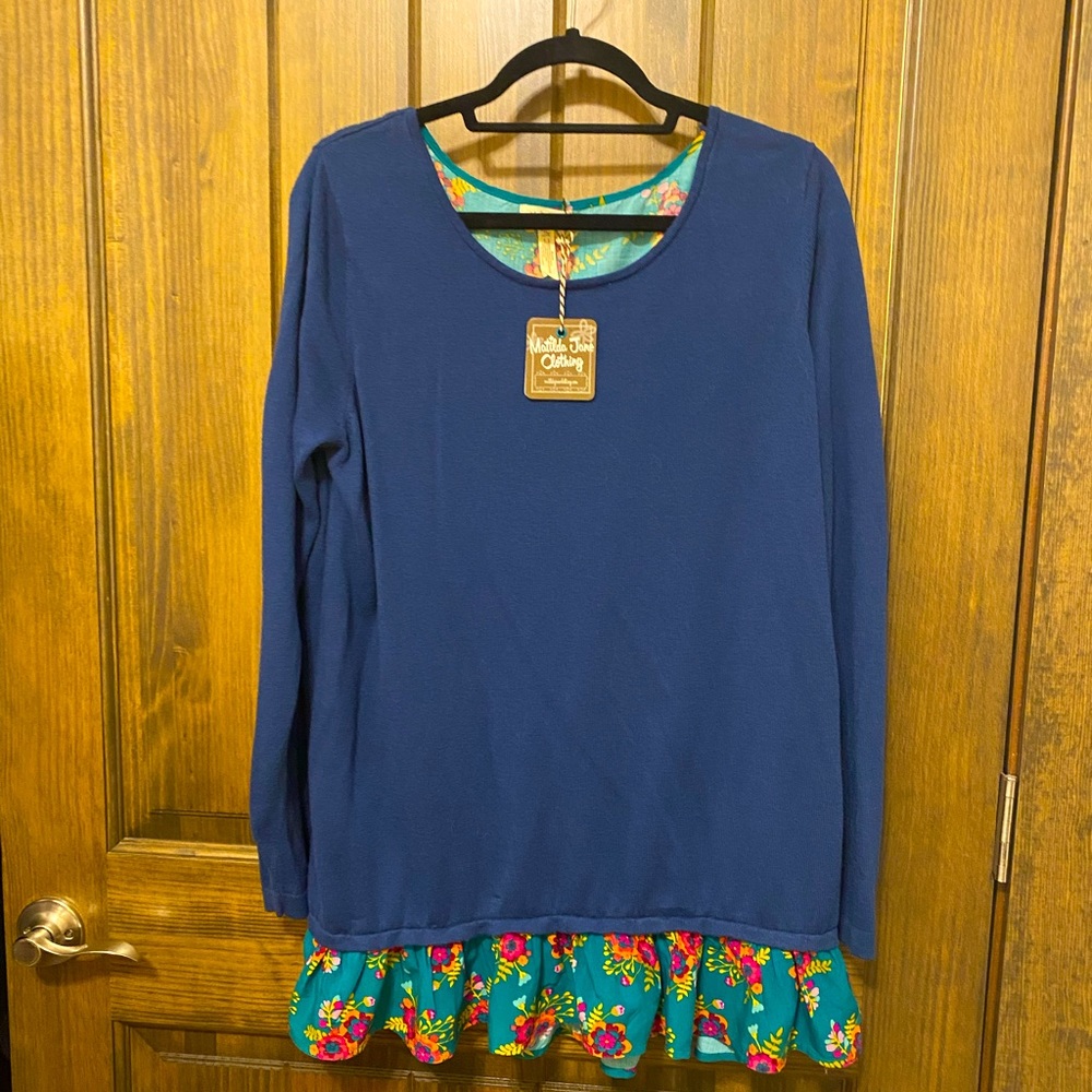 Matilda Jane Twist Shout Sweater Shirt Ruffle Hem Blue Floral Print XL Women.